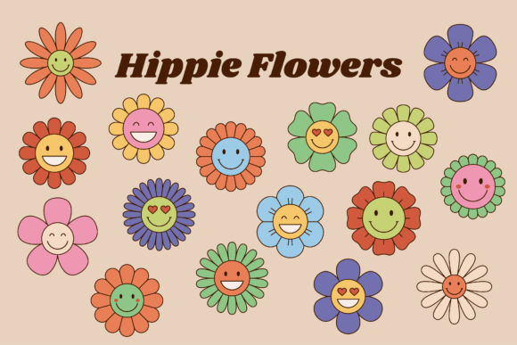 Download Hippie Flowers, Retro Flowers with Faces - Hippie flowers Collection