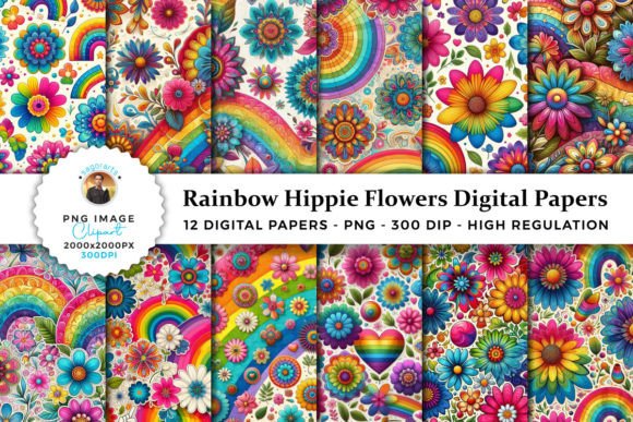 Download Rainbow Hippie Flowers Digital Papers - Hippie flowers Collection