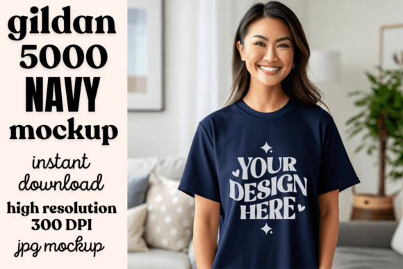Download Asian Woman Navy Gildan 5000 Mockup - Premium Bundle